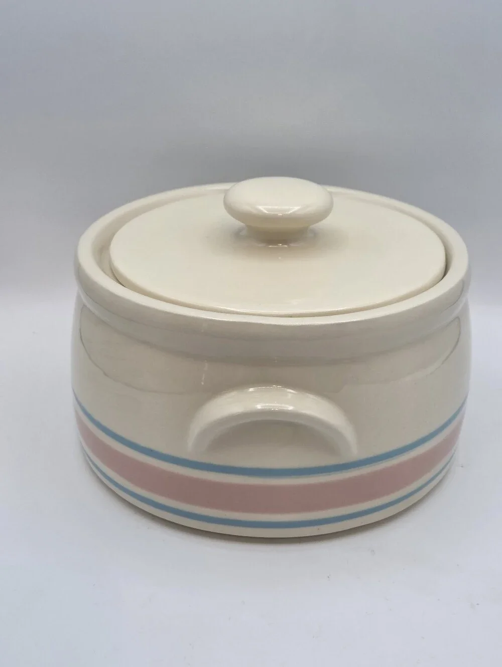 McCoy 1421 Pink & Blue Stripes Lidded Bean Pot Casserole - Picture 4 of 7